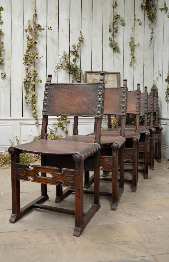set of 6 oak and leather chairs spanish style FAE569